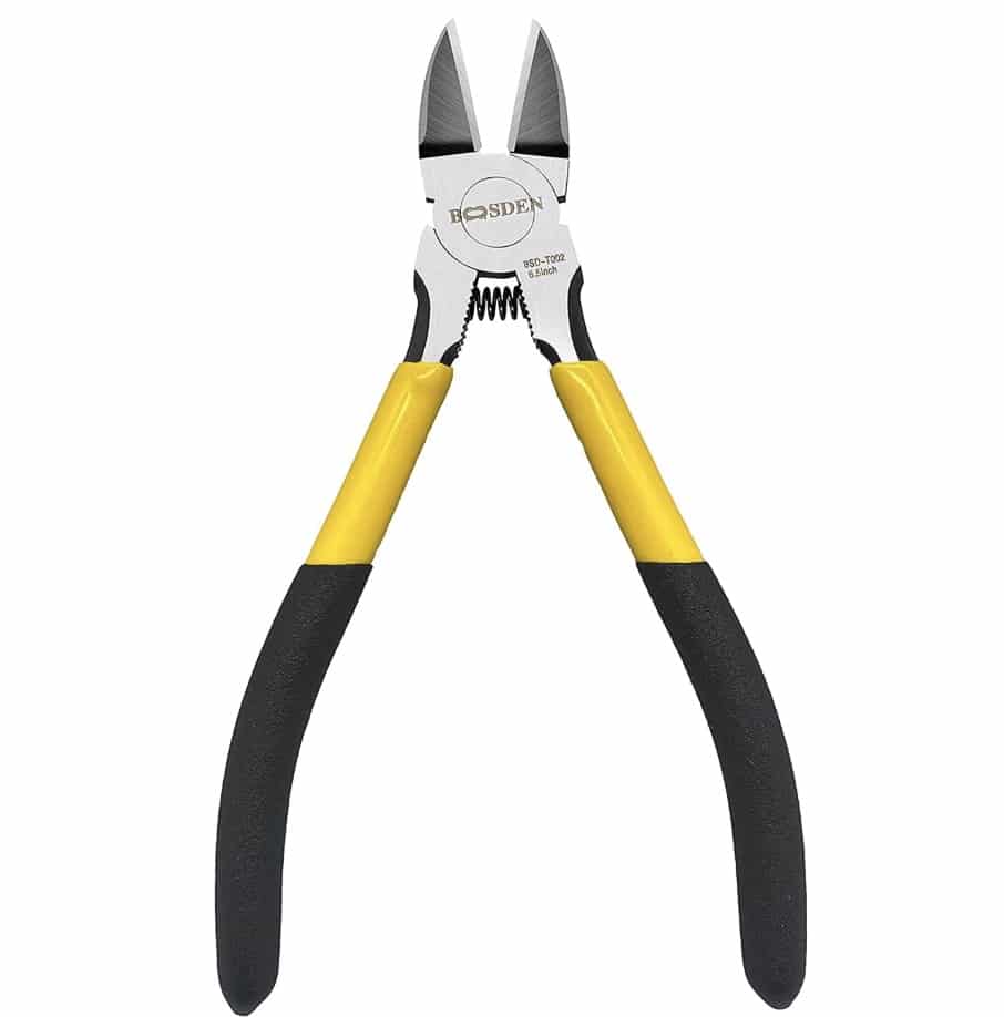 A pair of diagonal cutting pliers with yellow and black handles, positioned with the jaws open against a white background—perfect for crafting beaded garden stakes DIY projects.